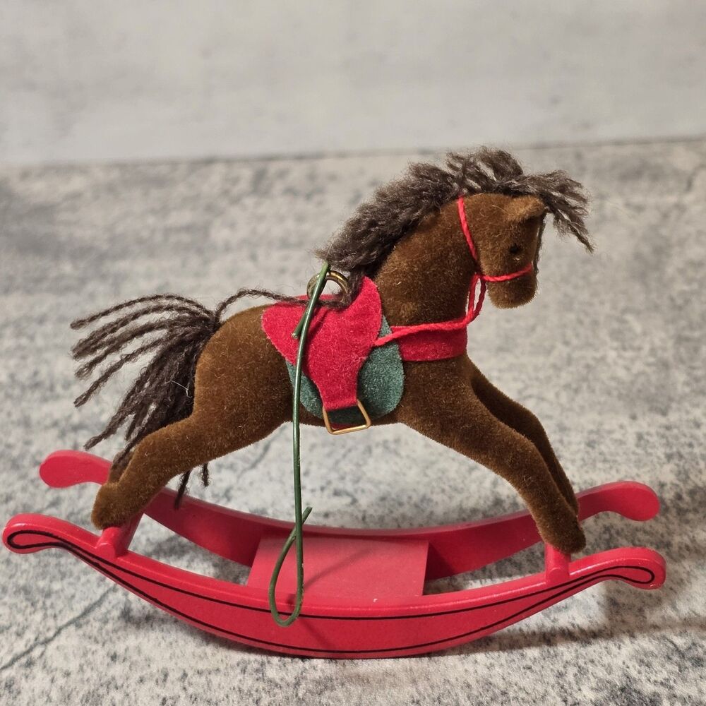 Vintage Flocked Dept 56 Red Rocking Brown Horse Yarn Hair Christmas Ornament